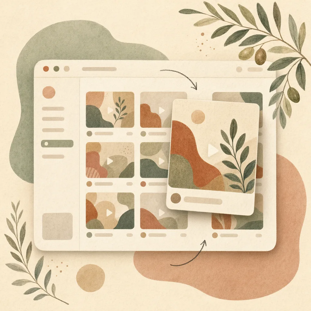 Uma parede de cartões da galeria de plugins dispostos em grade, cada cartão reproduzindo um pequeno clipe de pré-visualização ao vivo, com um cartão erguido e contido dentro de um quadro de seleção verde, sobre um fundo editorial quase branco
