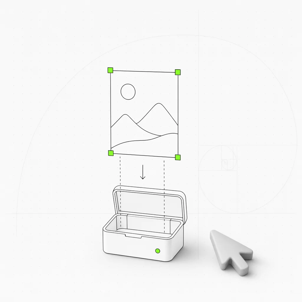 Un frame de diseño extraído de un lienzo y soltado en una caja de módulo portátil, seleccionado en un marco verde sobre un fondo editorial casi blanco