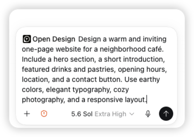 Un prompt reale in Codex che chiede a OpenDesign di creare il sito accogliente di un café di quartiere