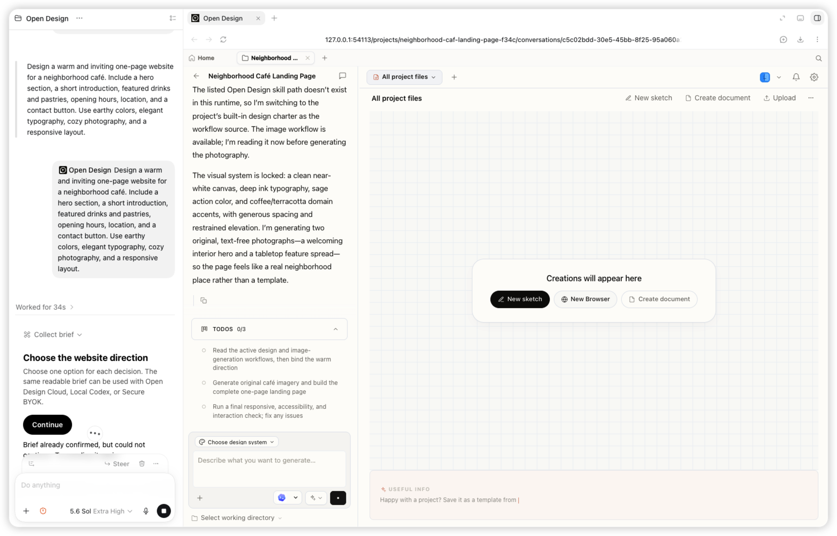 Uno spazio di lavoro reale di Codex e OpenDesign durante la generazione del sito del café di quartiere