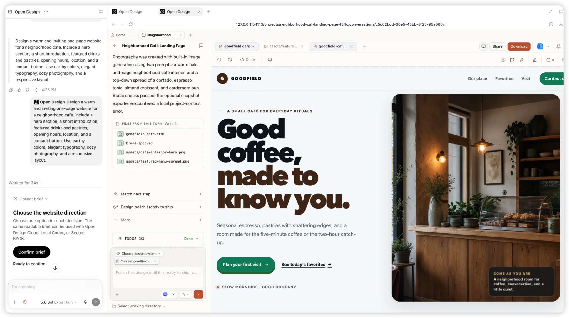 Un’attività reale in Codex che usa il plugin OpenDesign accanto al sito completato del café Goodfield