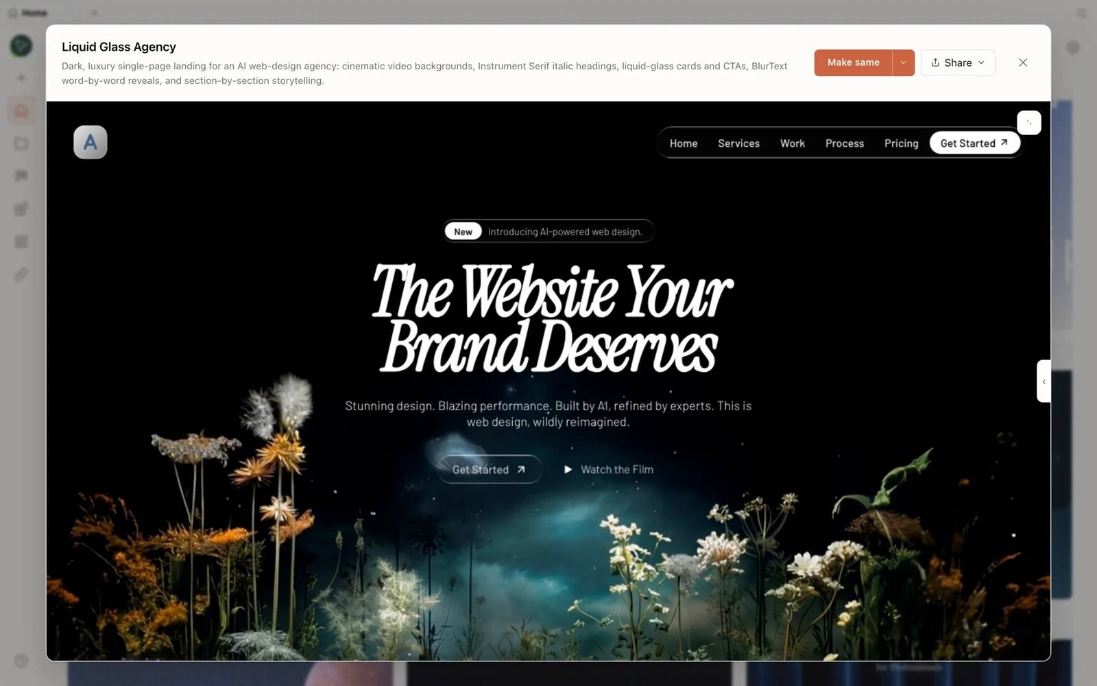 Eine generierte Landingpage in der Vorschau von OpenDesign.